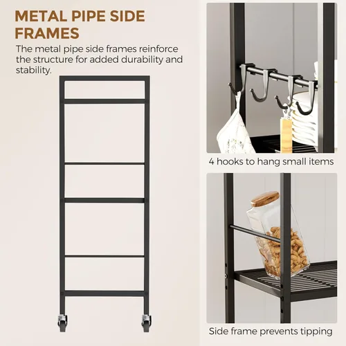 Miniatura 6 de Estante de almacenamiento de metal de 3 niveles con ruedas industriales, estantería de malla con mesa de madera, estante ajustable, 23.6 pulgadas