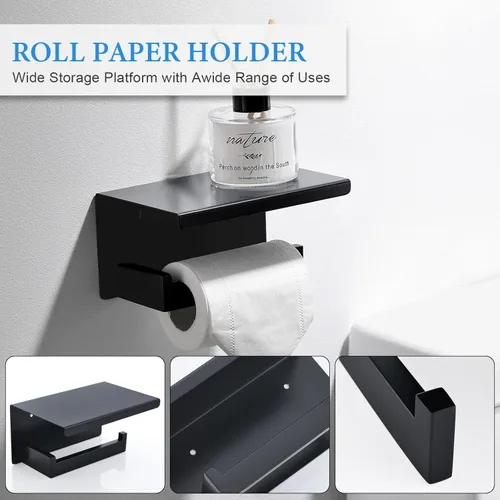 Miniatura 4 de Juego de 6 piezas de accesorios de baño negros de 23.6 pulgadas, juego de toallero doble, toallero, anillo, gancho para abrigo y soporte para papel