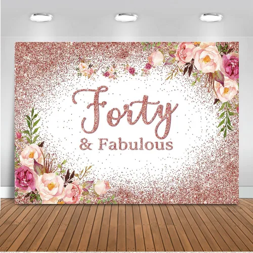 Mocsicka Telón de fondo de 40 años con diseño floral de color oro rosa para fiesta de cumpleaños número 40, decoración de fiesta de cumpleaños