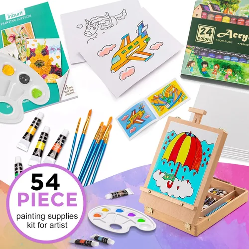 Miniatura 2 de Inburit Juego de Pintura de Arte con Caja de Caballete de Madera, 24 Colores de Pinturas Acrílicas, 8 Pinceles, 6 Paneles de Lienzo Kit de 54