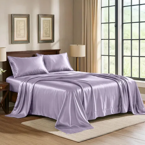 Miniatura 12 de Pure Bedding Sábanas de satén individuales [3 piezas, plateadas] Juego de sábanas sedosas de lujo para hotel, juego de sábanas de microfibra extra