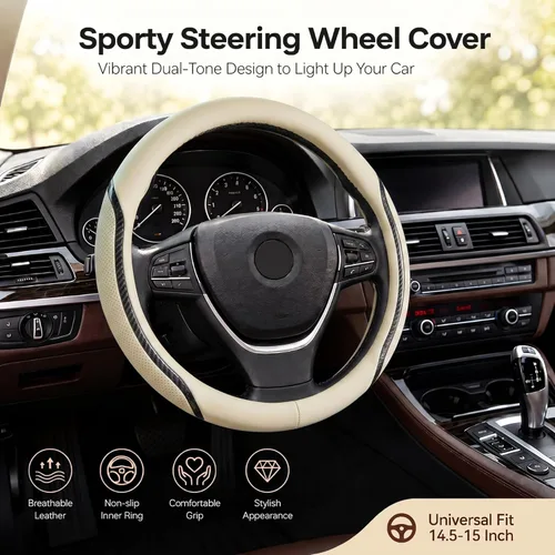 Miniatura 2 de Funda para Volante de Automóvil Color Beige, Fundas para Volante de 14.5-15 Pulgadas con Posavasos de Cuero de Microfibra Fibra de Carbono