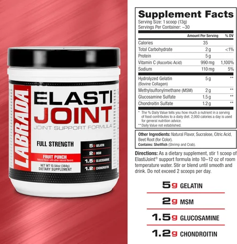 Miniatura 6 de Labrada Elastijoint - Polvo de soporte para articulaciones, mezcla de bebida todo en uno con glucosamina condroitina, MSM y colágeno, ponche