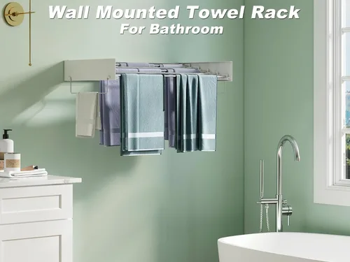 Miniatura 5 de Estante de secado de ropa oculto montado en la pared, organizador de lavandería extraíble con 5 varillas de acero inoxidable, plegable y plegable A
