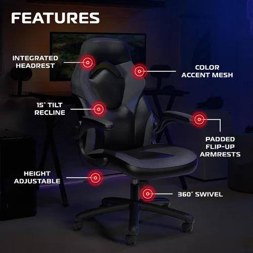 Miniatura 6 de RESPAWN 3085 Silla ergonómica para juegos para adultos, silla de oficina de respaldo alto con reposacabezas y brazos abatibles, asiento de cuero Gris