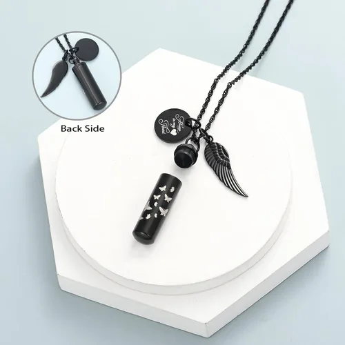 Miniatura 4 de shajwo Collar de cenizas de urna cilíndrica para mujeres y hombres, joyería de cremación de mariposa, ceniza amada, un colgante de ala de ángel