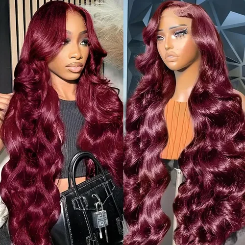 Miniatura 28 de ULRICA 99J - Pelucas de encaje frontal burdeos de 20 pulgadas, pelucas de cabello humano para mujeres negras 13x4, encaje HD burdeos, peluca de Rojo