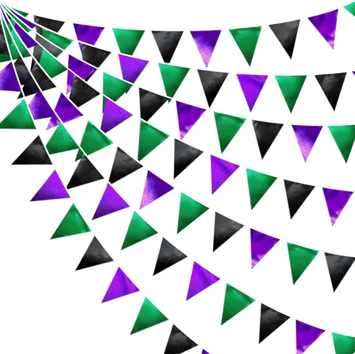 Miniatura 51 de Decoración de fiesta iridiscente de 33 pies, tela holográfica, banderín triangular, banderín de algodón, guirnalda de banderines para cumpleaños