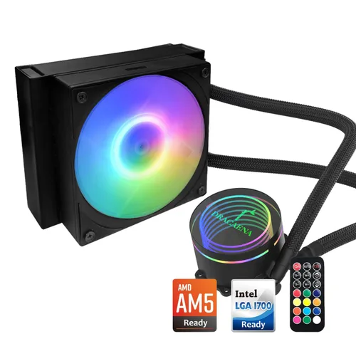 Dracaena.io Enfriador de CPU AIO de 4.724 in, control remoto ARGB, ventilador PWM ARGB silencioso, bomba de rodamiento hidráulico y radiador de