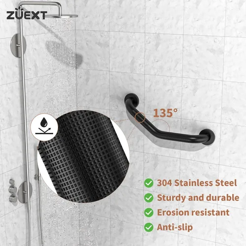 Miniatura 3 de ZUEXT - Barra de agarre en ángulo de 16 pulgadas, paquete de 2 manijas antideslizantes negras para ducha, barra de equilibrio de baño moleteada