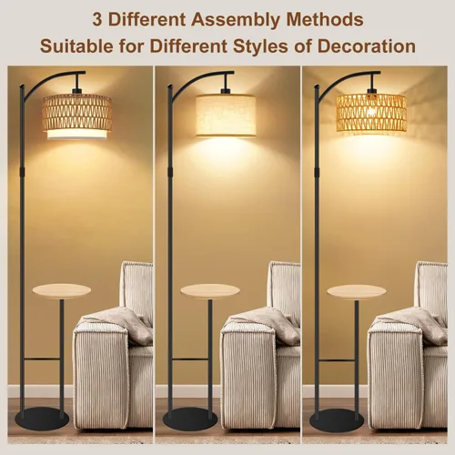 Miniatura 6 de Lámpara de pie de arco con mesa, lámparas de pie de ratán boho para sala de estar con control remoto regulable 3 temperaturas de color, lámpara