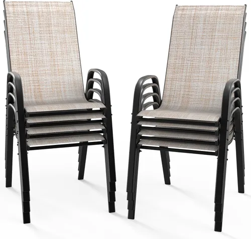 Miniatura 17 de VINGLI Juego de 2 sillas de patio – Sillas de comedor apilables para exteriores con cómodas sillas de respaldo alto y reposabrazos para césped