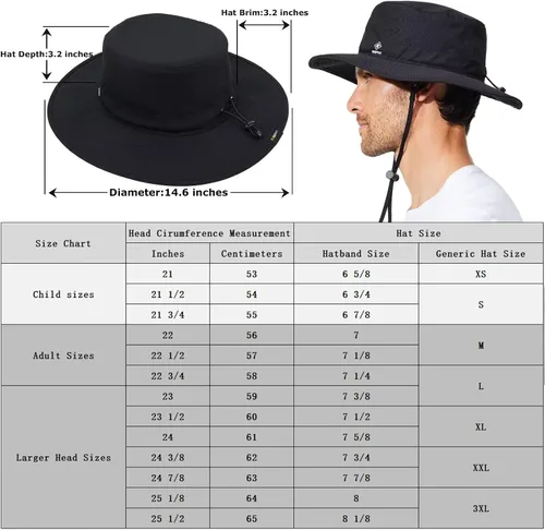 Miniatura 4 de Sombrero de pesca para hombre, sombrero de sol de ala ancha, protección UV SPF XL, XXL, tamaño grande, cabeza grande, senderismo, playa, safari