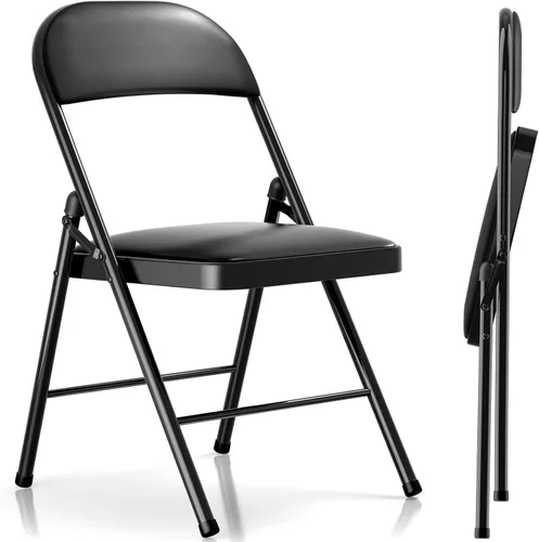 Paquete de 2 sillas plegables con cojín, asiento acolchado negro, marco de metal con respaldo, silla plegable portátil, silla plegable ligera para