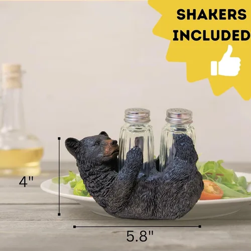 Miniatura 2 de Juego de saleros y pimenteros rústicos de oso negro en la parte posterior, accesorio decorativo de resina y vidrio para mesa de cocina, decoración