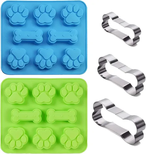 Juego de 5, 2 moldes de silicona con forma de pata y hueso de cachorro y perro, 2 en 1 y 3 paquetes de cortador de galletas de hueso de acero