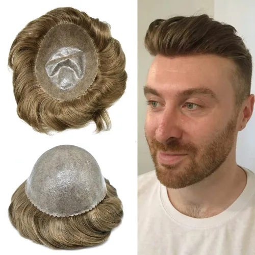 Miniatura 10 de Tupé de cabello humano para hombre, base de piel de polietileno, unidades de cabello sintético de inyección, densidad de 8 x 10 a 110 %, frente