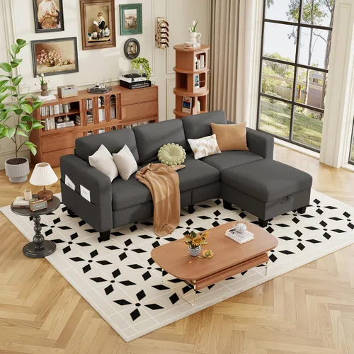 Miniatura 8 de ZeeFu Sofá modular con otomana de almacenamiento, 78 pulgadas en forma de L modular, sofás de 3 plazas para sala de estar, juego de tela de lino