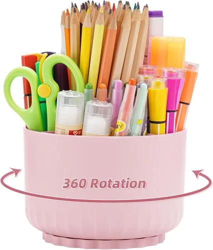 Marbrasse Organizador de Escritorio, Portaplumas y Portapenciles Giratorio de 360 Grados, Organizadores de Escritorio y Accesorios con 5 Rosa