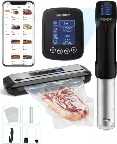 INKBIRD WIFI Sous Vide Cooker ISV-100W y máquina selladora al vacío | Circulador de inmersión de cocina Sous-Vide de 1000 W con 14 recetas