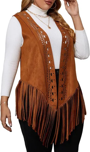 Miniatura 4 de Floerns Chaleco de mujer con franjas frontales abiertas, sin mangas, corte láser, talla grande