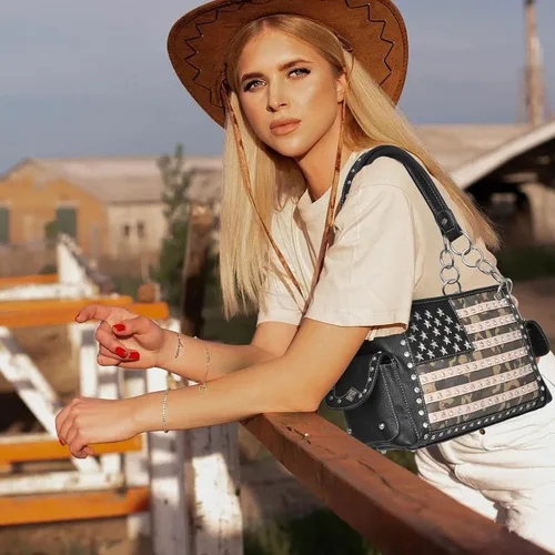 Miniatura 2 de Montana West Bolso patriótico con tachuelas para mujer, bolso de mano con bandera estadounidense y bolso cruzado