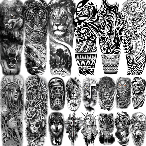 EGMBGM 20 hojas de tatuajes temporales tribales negros de lobo, tigre y león para hombres adultos, 3D tatuajes tribales de prisión de Halloween,