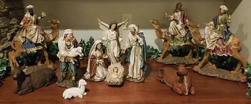 Miniatura 4 de Estatuilla grande de 12 pulgadas, juego de 11 piezas de construcción de resina de fibra de vidrio, belén de Navidad pintado a mano con hombres