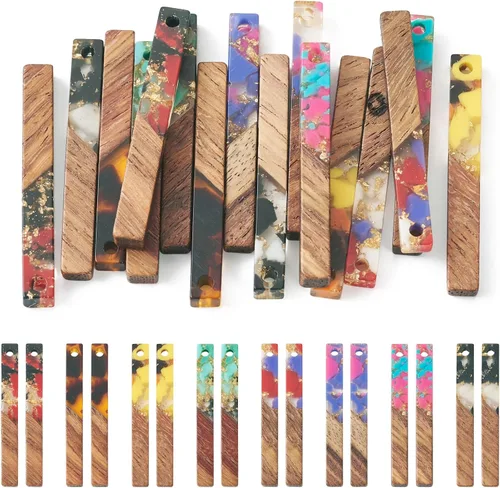 Miniatura 24 de Beadthoven - Dijes de madera de resina para bricolaje, colgantes de aretes de lágrima multicolor, triángulo, círculo redondo, rombo, barra
