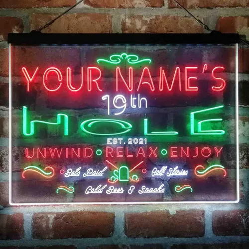 Miniatura 13 de Personalized 19th Hole Golf Club Tri-Color LED Neon Light Sign Customize Name Date Text Quote Font Green & Red & Yellow 13 x 8.7 Inches