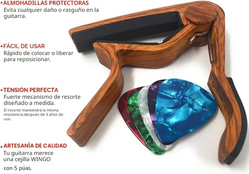 Miniatura 3 de WINGO Cejilla de guitarra para guitarras acústicas y eléctricas, color palo de rosa con 5 púas Color de palisandro