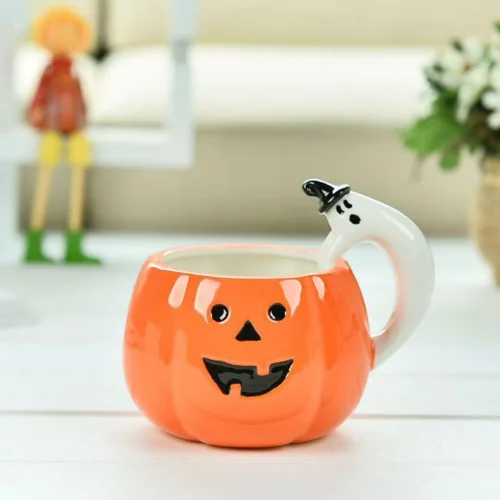 Miniatura 4 de ZaH Taza de cerámica con diseño de calabaza de Halloween, para fiesta de Halloween, con mango de calabaza, fantasma, naranja, 10 onzas (11.8 fl oz)