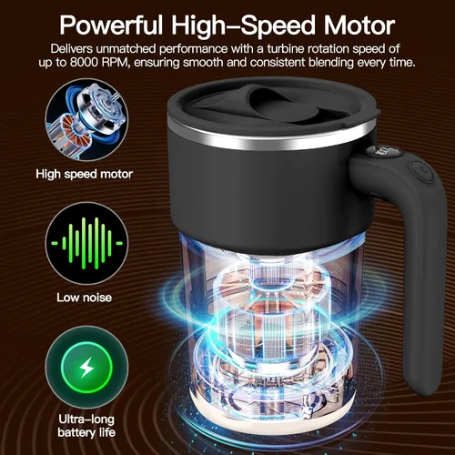 Miniatura 4 de Taza mezcladora eléctrica de 12 onzas, recargable, regalo para los amantes del café y uso en la oficina (negro)