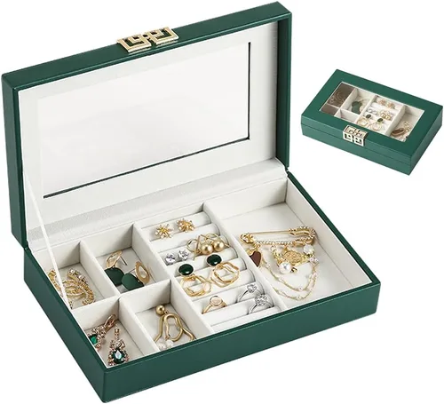 Organizador de caja de joyería funda organizadora de piel transparente apertura magnética y cierre para collares aretes pulseras color verde
