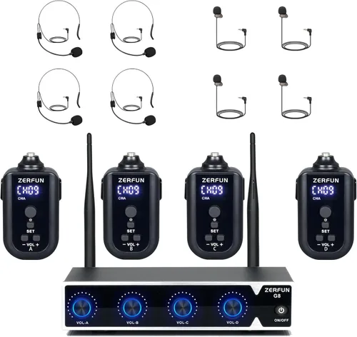 Miniatura 13 de Sistema de Micrófono Inalámbrico Recargable de 4 Canales, Micrófono de Mano de Metal UHF Profesional con Auriculares y Micrófono de Solapa Lavalier