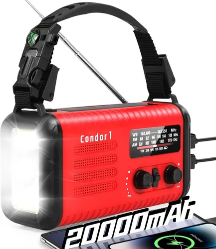 Miniatura 10 de Radio de emergencia de manivela, radio meteorológica de manivela solar de 20000 mAh / 74000 mWh con NOAA/AM/FM, radio alimentada por batería