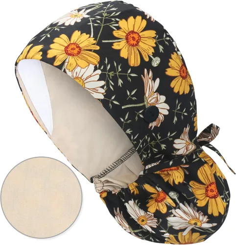 Miniatura 39 de QBA Gorra de trabajo ajustable con botón, gorro forrado de satén, gorro de trabajo de algodón, banda elástica para atar en la espalda, unisex Pt