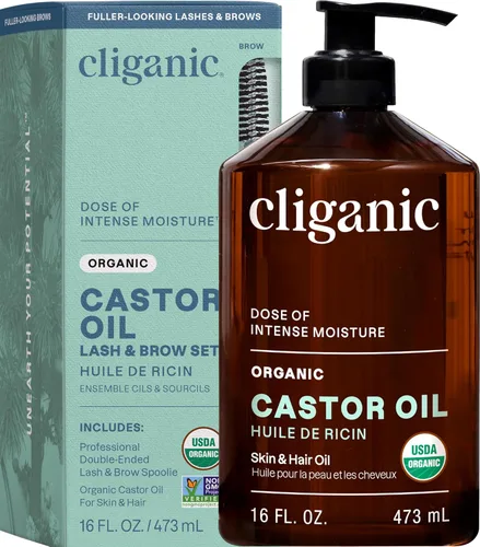Cliganic - Aceite de Ricino Orgánico, 100% Puro (480 ml con Kit de Pestañas) - Para Pestañas, Cejas, Cabello y Piel | A Granel, Natural Prensado en