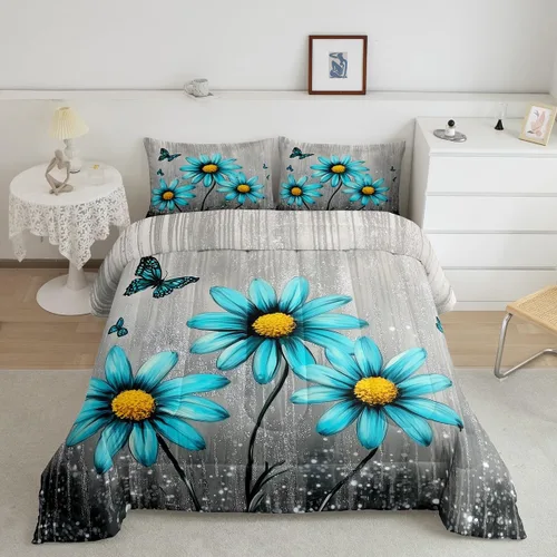 Feelyou Daisy - Juego de ropa de cama tamaño individual para niños y niñas, estampado floral botánico, juego de edredón natural para niños, juego de