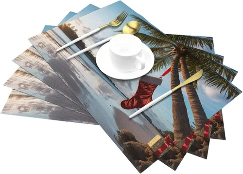 Miniatura 6 de Juego de 6 manteles individuales de PVC con diseño de palmera de Feliz Navidad, antideslizantes, 12 x 18 pulgadas, juego de manteles individuales
