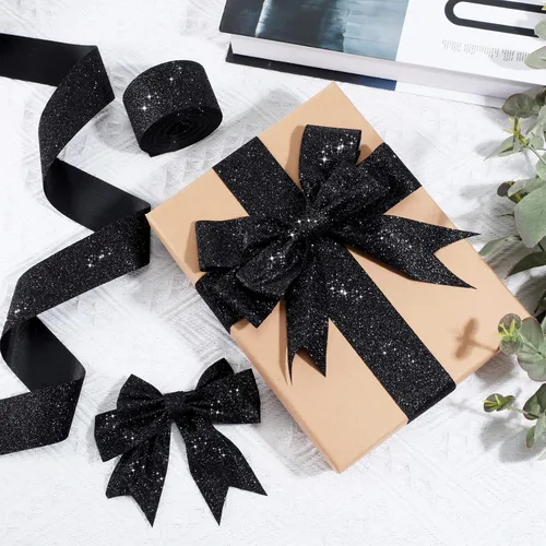 Miniatura 7 de LOYIM Cinta negra con purpurina de 20 yardas, cinta brillante con borde cortado para envolver regalos, manualidades, coronas, Navidad, árboles