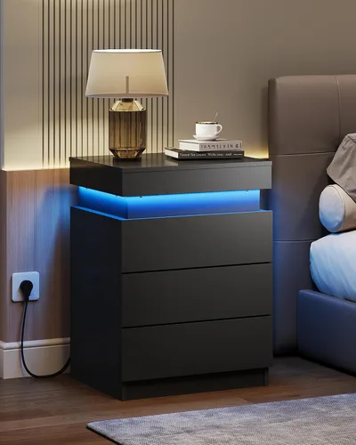 Miniatura 2 de WLIVE Mesita de noche con estación de carga y luces LED, moderna mesita de noche con 3 cajones y parte superior deslizante, mesa auxiliar con Negro