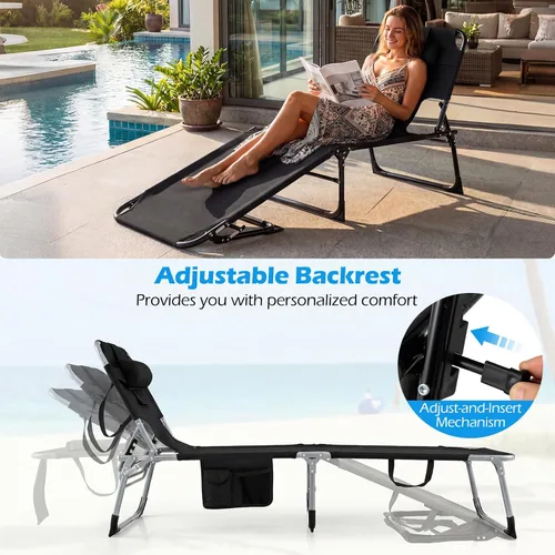 Miniatura 8 de Tangkula Silla de bronceado con agujero frontal, plegable y ajustable para patio, silla reclinable, para playa, tomar el sol, con bolsillo lateral