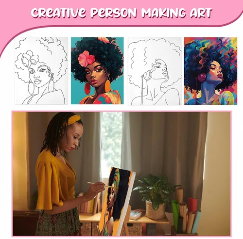 Miniatura 4 de Sherr 20 Piezas Lienzo Estirado Predibujado Arte Negro Reina Afro para Pintar para Adultos Contorno Predibujado Lienzo de Algodón Estirado