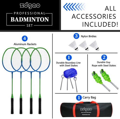 Miniatura 2 de Zdgao Juegos de bádminton para patio trasero, red de bádminton portátil con ajustador de tensión, juego de 4 raquetas de bádminton, 3 volantes