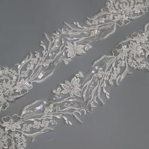 Miniatura 6 de Blanco marfil 2yard lentejuelas con cuentas flor bordado apliques de encaje para vestidos de novia apliques de diamantes de imitación parches ropa