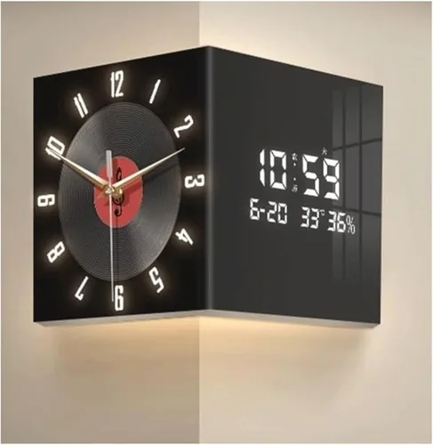Clock Vintage Double Sided Wall Clock with Light and Date, Creative Retro Record Corner Clock Sensor Luminous & Battery Operated Silent for Bedroom