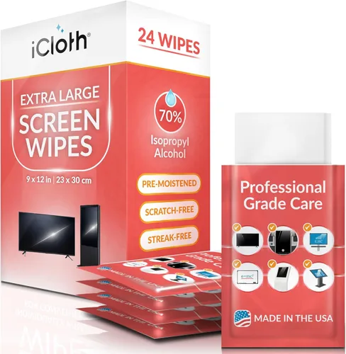iCloth Toallita XL – 9 x 12 pulgadas, 70% alcohol isopropílico, sellado individualmente, sin rayas, sin pelusas, restaura la claridad óptica – TV,