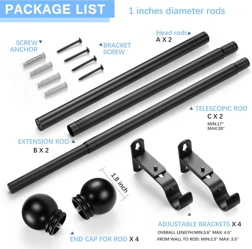 Miniatura 3 de Cortinero para ventanas, 16 a 48 pulgadas, con longitud máxima ajustable de 60 pulgadas, diámetro de 1 pulgada y remates redondos, color negro