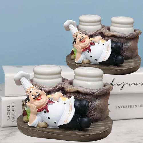 Miniatura 6 de Juego de salero y pimentero, estatua decorativa de chef sentado, organizador de especias, tarros de especias de vidrio con soporte, figura de regalo